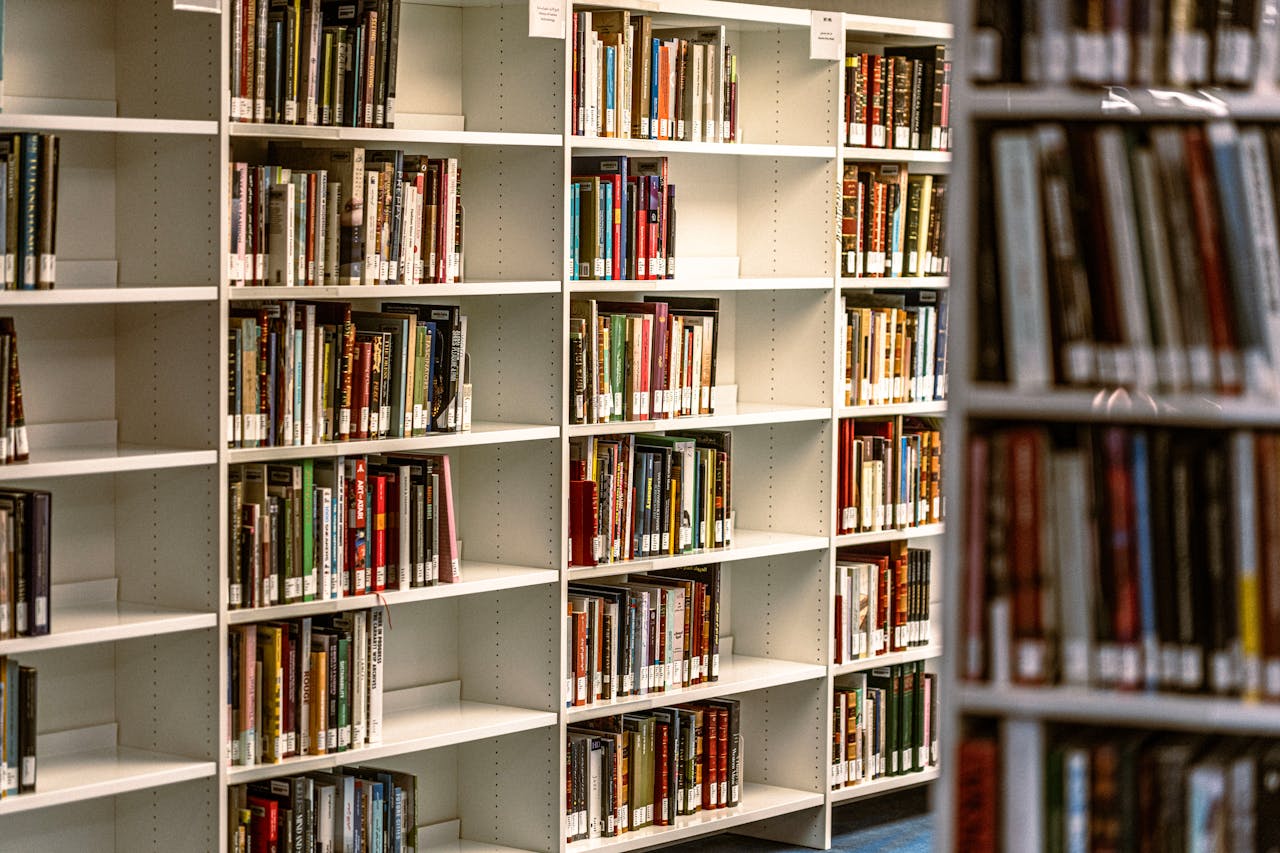 Neatly arranged books on white shelves in a library for easy browsing.