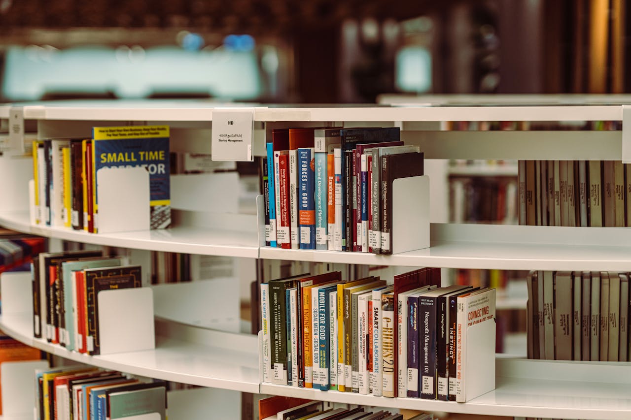 Curved bookshelves filled with books, highlighting a librarys modern interior in Dubai.