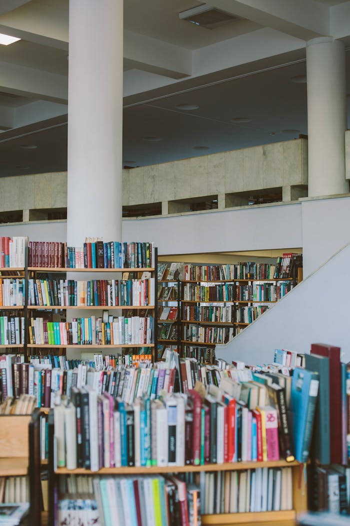 Spacious university library interior featuring bookshelves filled with diverse literature.